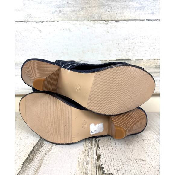 Cato Women’s 9 Blue Chambray Denim Peep Toe Heeled Buckle Sandal Ankle Boot - Picture 5 of 8